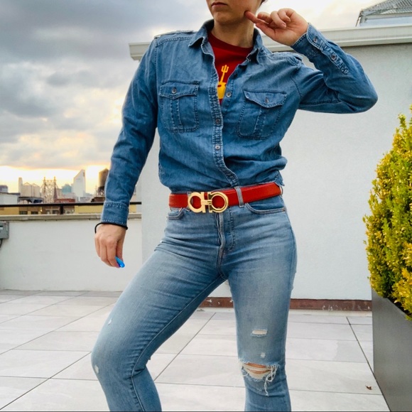 AEO Embroidered Floral Oversized Shirt Jean Top - Picture 2 of 16